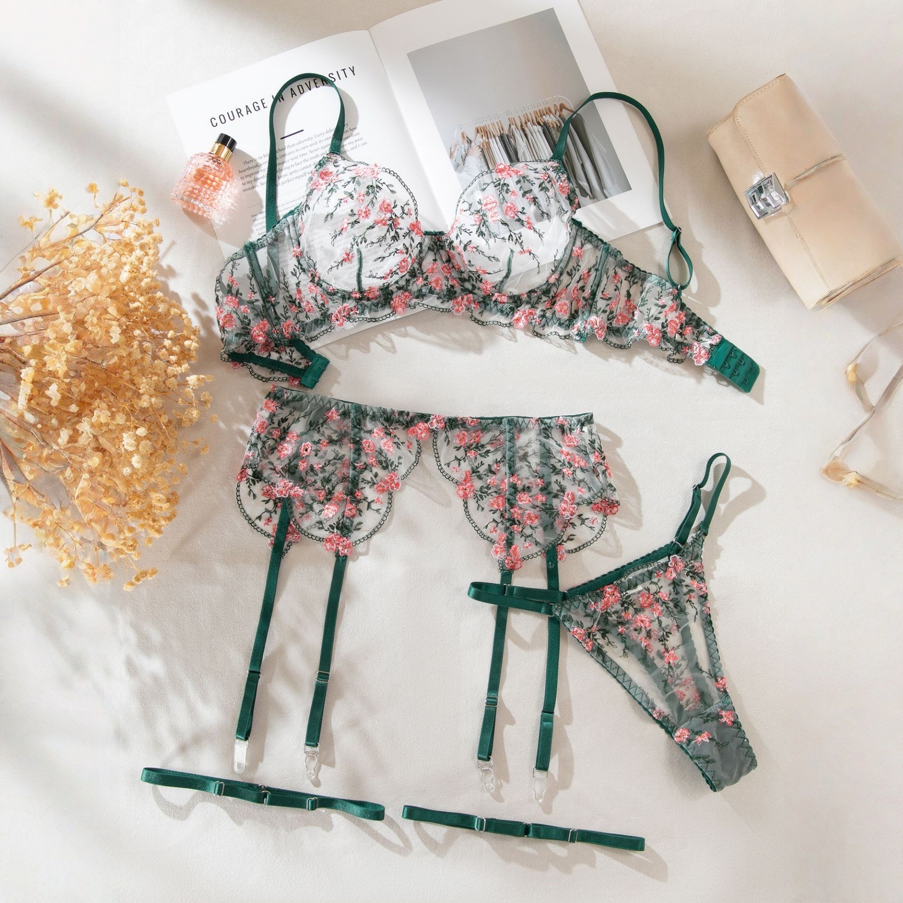 Floral Lingerie Set Sexy 4-Piece Embroidered Bra And Brief Underwear With Garter